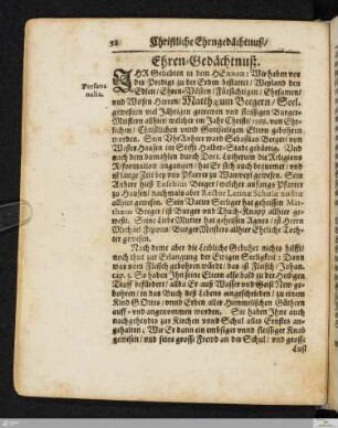 Christliche Ehrngedächtnuß/ Herrn Matthæi Beegers/ S.