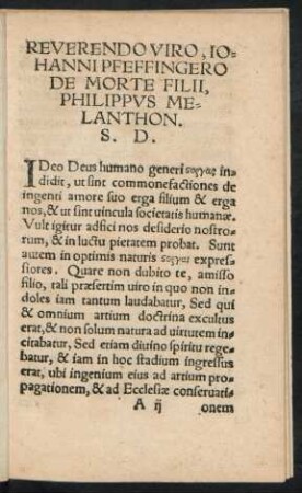 Reverendo Viro, Iohanni Pfeffingero De Morte Filii, Philippus Melanthon. S. D.