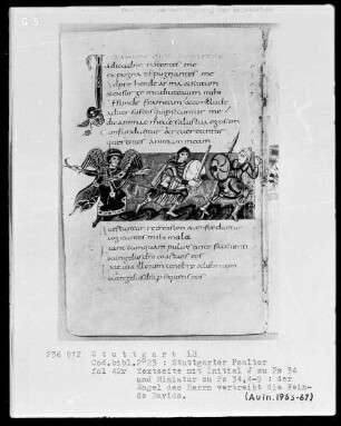 Der Stuttgarter Bibelpsalter — Der Engel des Herrn vertreibt zwei Krieger, Folio 42verso