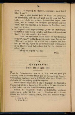 XIII. Verhandelt Oels, den 13. Juni 1867