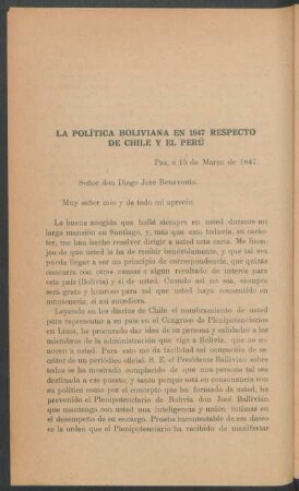 La política boliviana en 1847 respecto de Chile y el Perú