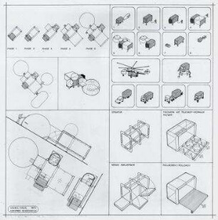 "Misawa Homes Prefabricated Housing International Design Competition 70", Mobilhaus (nicht realisiert), 4. Preis – Grundrisse, Perspektivansichten Entwicklungsphasen. Misawa/Japan