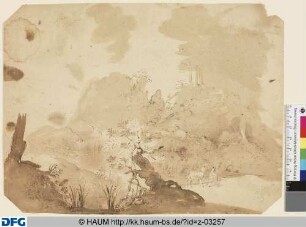 Landschaft mit den zwei Hunden und dem von einem Hund verfolgten Schwein