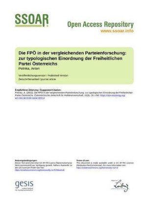 Die FPÖ in der vergleichenden Parteienforschung: zur typologischen Einordnung der Freiheitlichen Partei Österreichs