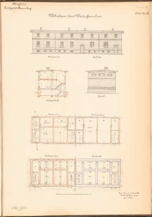 Landgestüt, Braunsberg: Ansichten Hofseite, Straßenseite, Giebelweite, Schnitt und Grundrisse EG, DG, KG, Fundamente