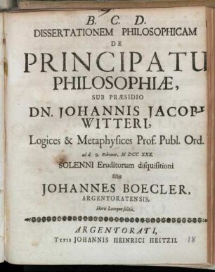 Dissertationem Philosophicam De Principatu Philosophiæ