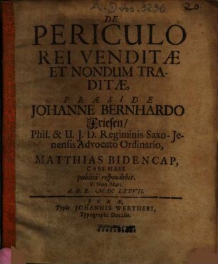 De Periculo Rei Venditae Et Nondum Traditae