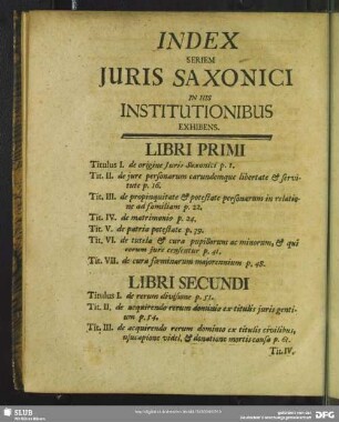 Index Seriem Juris Saxonici In His Institutionibus Exhibens