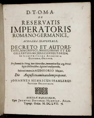 De Reservatis Imperatoris Romano-Germanici, Acroama Inaugurale