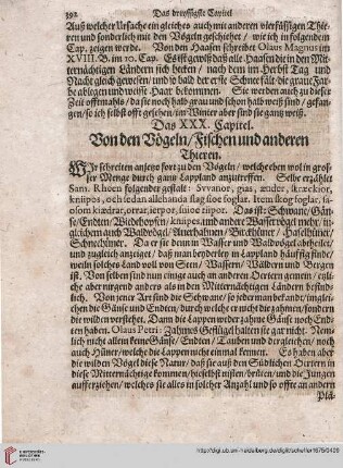 Das XXX. Capitel: Von den Vögeln / Fischen und anderen Thieren