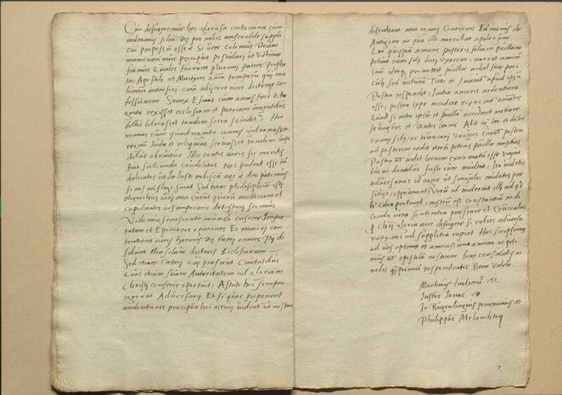 Von etlichen protestantischen Theologen am 10. März 1540 auf Verlangen in Schmalkalden gestelltes Bedenken, in welchen Stücken bei dem bevorstehenden Gespräch und Versuch einer Vereinigung in der Lehre der Augsburgischen Konfession nachzugeben sei. Unterschrieben haben dieses Bedenken von Sachsen Justus Jonas D., Johann Bugenhagen D., Caspar Kreuzinger D. und Philipp Melanchthon; von Hessen Antonius Corvinus, Johann Rimaus, Balthasar Caidus; von Herzog Heinrich von Sachsen Nikolaus Scheubel; von Magdeburg Nikolaus Amsdorf; von Nassau Erasmus Sartorius; von Straßburg Martin Bucerius; von Bremen Johann Amsterdamus. Württemberg, Anhalt, Hamburg, Braunschweig, Goslar, Ulm, Esslingen, Hall, Heilbronn und Memmingen haben ihre Bedenken schriftlich überschickt. Schreiben von den Nürnberger Theologen an Luther, Jonas, Bugenhagen und Melanchthon mit Versicherung der Übereinstimmung ihrer Lehren mit jener und ihrer Beharrung darauf nebst einem Schreiben von Luther u.a. mit Mitteilung ihrer Meinungen über das bevorstehende Gespräch.