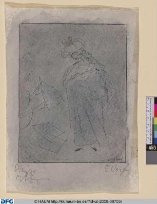 Entwurf zu Buch Esther, Person mit Umhang, Turban und Krone, den Kopf geneigt