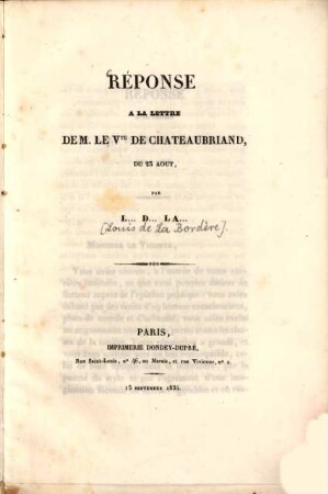 Réponse à la lettre de M. le Vte. de Chateaubriand du 23 août