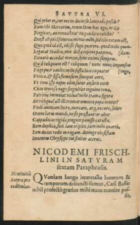 Nicodemi Frischlini In Satyram sextam Paraphrasis.