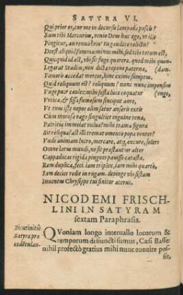 Nicodemi Frischlini In Satyram sextam Paraphrasis.