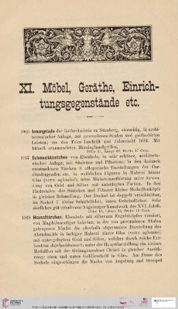 XI. Möbel, Geräthe, Einrichtungsgegenstände etc. (Nr. 1066-1129)