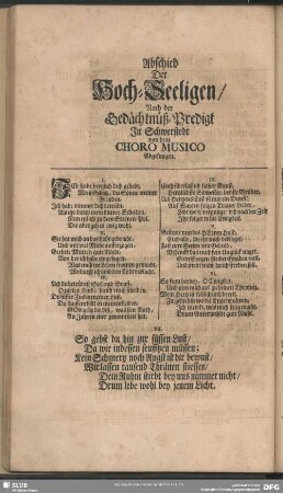 Abschied Der Hoch-Seeligen, Nach der Gedächtnüß-Predigt In Schwerstedt von dem Choro Musico Abgesungen