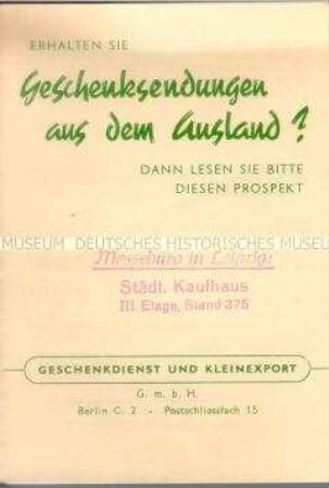 Merk- und Werbeblatt für die zollfreie Einfuhr von Geschenksendungen in die DDR