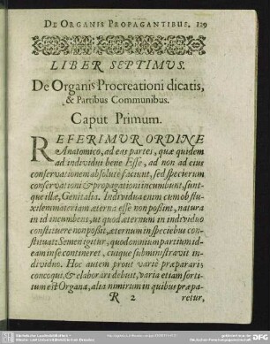 Liber Septimus. De Organis Procreationi dicatis, & Partibus Communibus