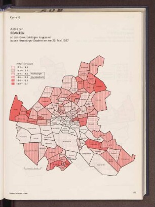 Anteil der Beamten an den Erwerbstätigen insgesamt in den Hamburger Stadtteilen am 25. Mai 1987