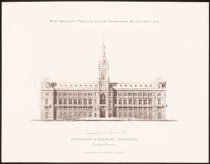 Hervorragende Projekte für den Hamburger Rathausbau 1876: Vorderansicht