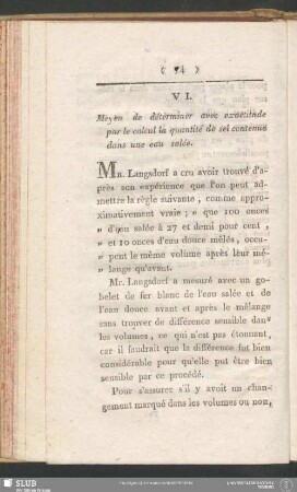 VI. Moyen de déterminer avec exactitude par le calcul la quantité de sel contenue dans une eau salée
