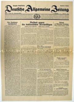 Tageszeitung "Deutsche Allgemeine Zeitung" u.a. zur "Nichteinmischung" der Großmächte in den Spanischen Bürgerkrieg