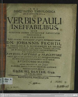 Disquisitio Theologica Ad II. Corinth. XII, 4 De Verbis Pauli Ineffabilibus