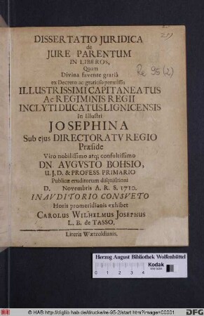 Dissertatio Juridica de Jure Parentum In Liberos ...
