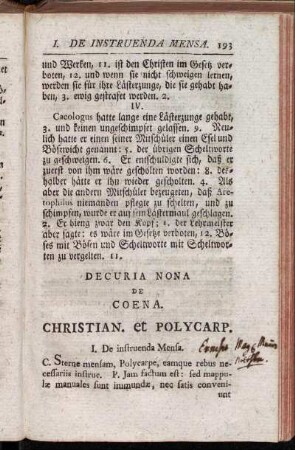Decuria nova de coena. Christian. et Polycarp.