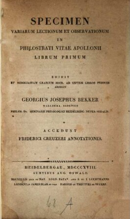 Specimen variarum lectionum in Philostrati vitae Apollonii : libri I