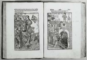 Ulrich Reichenthalers Das Concilium so zu Constanz gehalten ist worden Des jars do man zalt von der geburth unsers erlösers M.CCCC.XIII. Jar ... : Columna-Meister: Verbrennung des Hieronymus von Prag in Konstanz 1416. Johannesfest der Wechsler von Florenz (1416). Doppelseite Blatt 38v & 39r aus: Ulrich von Richental: Concilium Constantiense. Augsburg: Anton Sorg, 2. September 1483
