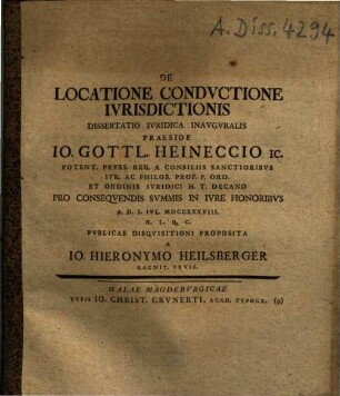 De Locatione Conductione Iurisdictionis Dissertatio Iuridica Inauguralis
