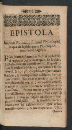 Epistola Ioannis Pontani, summi Philosophi, in qua de lapide, quem Philosophorum vocant, agitur.