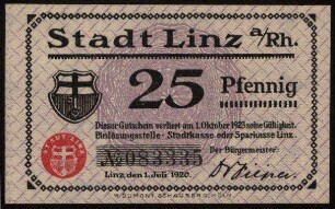 25 Pfennig Gutschein der Stadt Linz a/Rh.