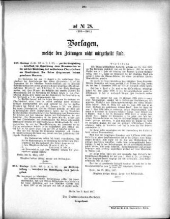 Anlage: ad No.28 (285-286), Vorlagen, welche den Zeitungen nicht mitgeteilt sind