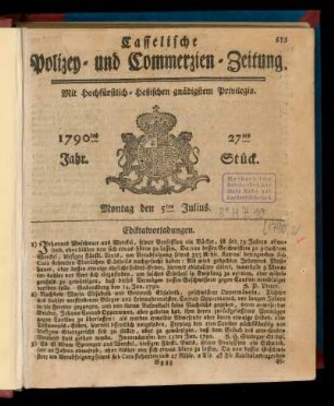 27tes Stueck, Montag den 5ten Julius. 1790