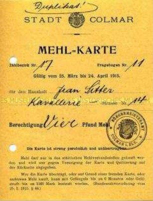 Bezugskarte der Stadt Colmar für Mehl