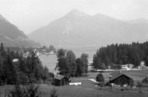 Walchensee: Blick auf Ort, Vordergrund Wiese und Wald