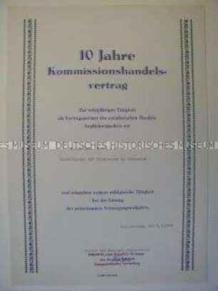 Urkunde "10 Jahre Kommissionshandelsvertrag"