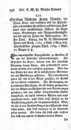 XIX. Entwurf einer vollständigen Historie der Ketzereyen, Spaltungen und Religionsstreitigkeiten bis auf die Zeiten der Reformation.