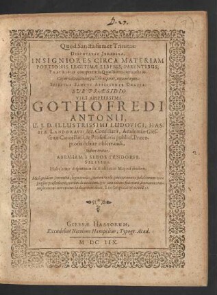 Disputatio Iuridica, Insignores Circa Materiam Portionis Legitimae Liberis, Parentibus, fratribus competentis Quaestiones pertractans