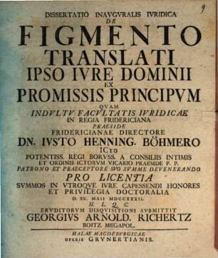 Dissertatio inauguralis iuridica de figmento translati ipso iure dominii ex promissis principum