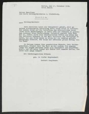 Brief von Gerhart Hauptmann an Paul von Hindenburg