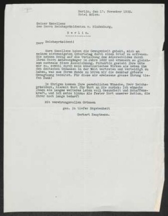 Brief von Gerhart Hauptmann an Paul von Hindenburg