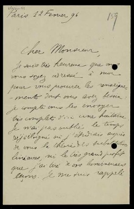 Brief von Paul Painlevé an Felix Klein, Paris, 12.2.1896