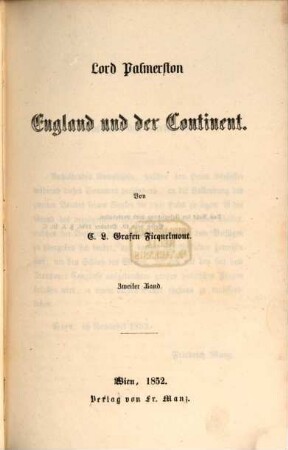 Lord Palmerston, England und der Continent, 2