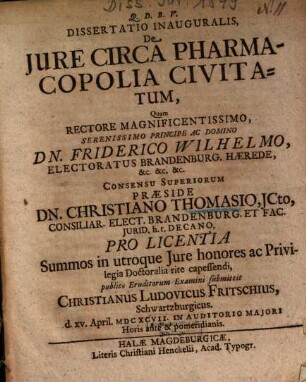 Dissertatio Inauguralis, De Jure Circa Pharmacopolia Civitatum