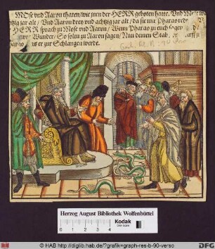 Aaron und Moses verwandeln ihre Stöcke vor dem Pharao in Schlangen (Ex. 7,8).