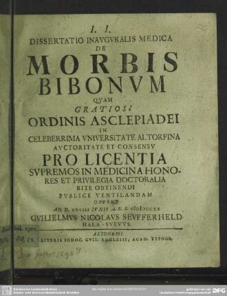 Dissertatio Inauguralis Medica De Morbis Bibonum